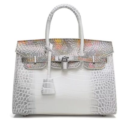 White crocodile embossed luxury handbag with multicolor painted flap and silver padlock closure, structured satchel with top handle on white background